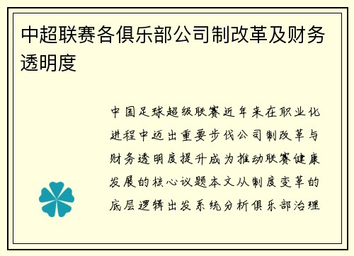 中超联赛各俱乐部公司制改革及财务透明度